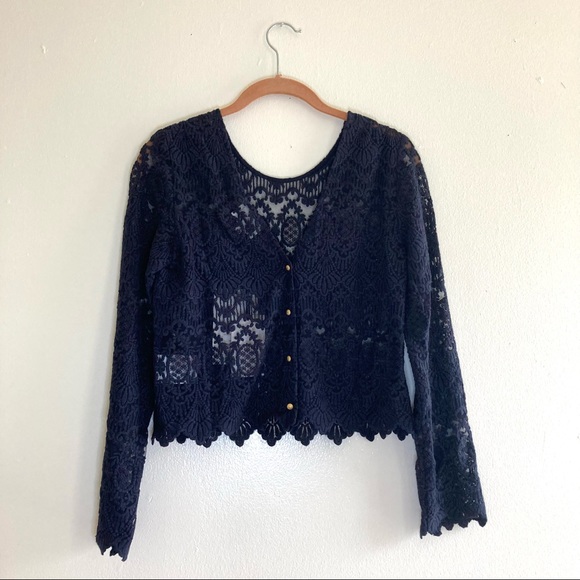 Sezane Daisy lace cropped long sleeve blouse in navy size FR 34 US 2/XS. - Picture 14 of 14
